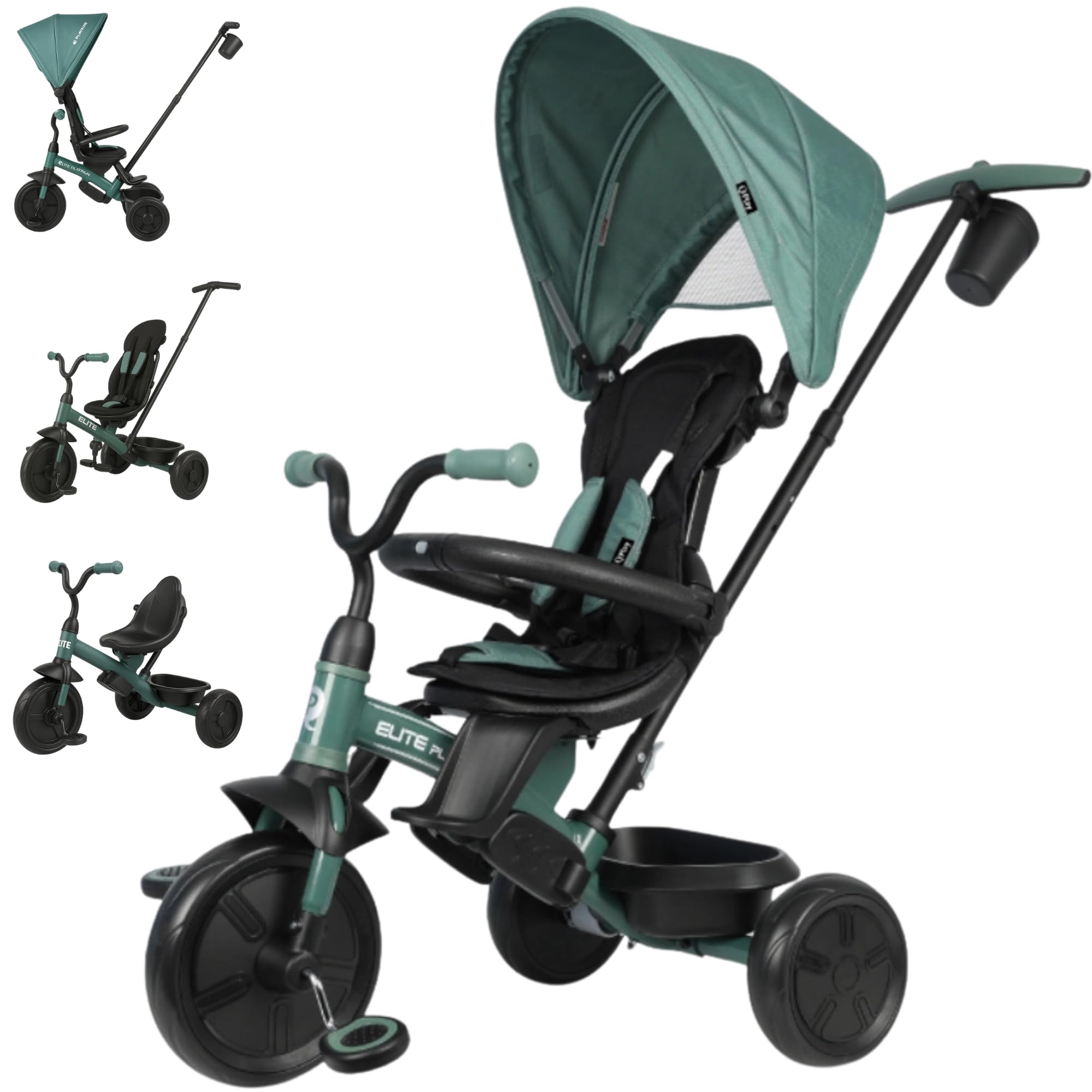 Qplay Triciclo Evolutivo Elite Platinum 6 en 1 con Asiento Giratorio 360° | Para Niños de 10 a 36 Meses – Control Parental, Capota XL, Reposapiés y Chasis Metálico – Colores Gris, Verde y Rosa (Verde)