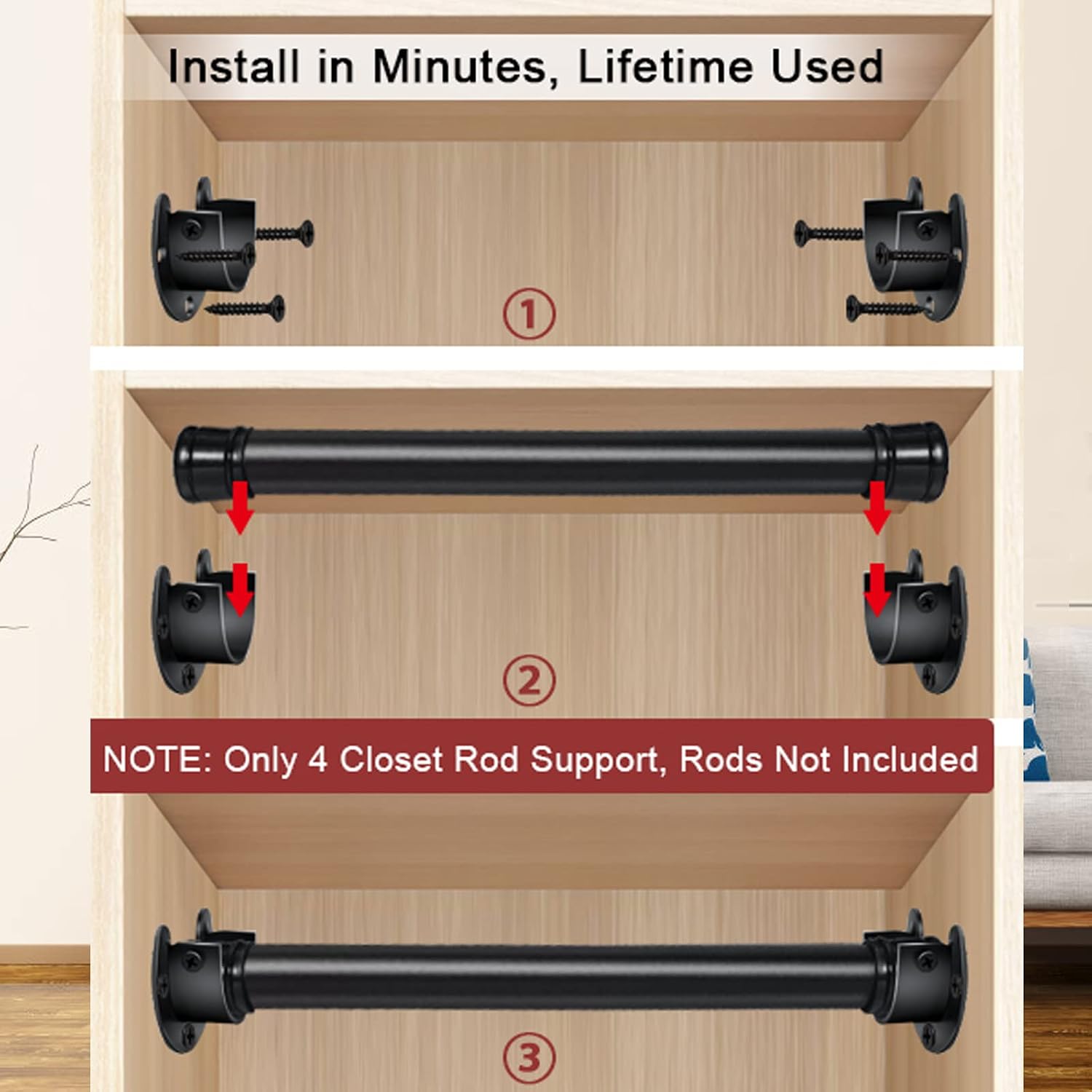 4 Pack Closet Rod Bracket, 1 Inch Heavy Duty Closet Rod End Support, Stainless Steel, U-Shaped Wardrobe Brackets Closet Pole Sockets Flange Rod Holder, Black