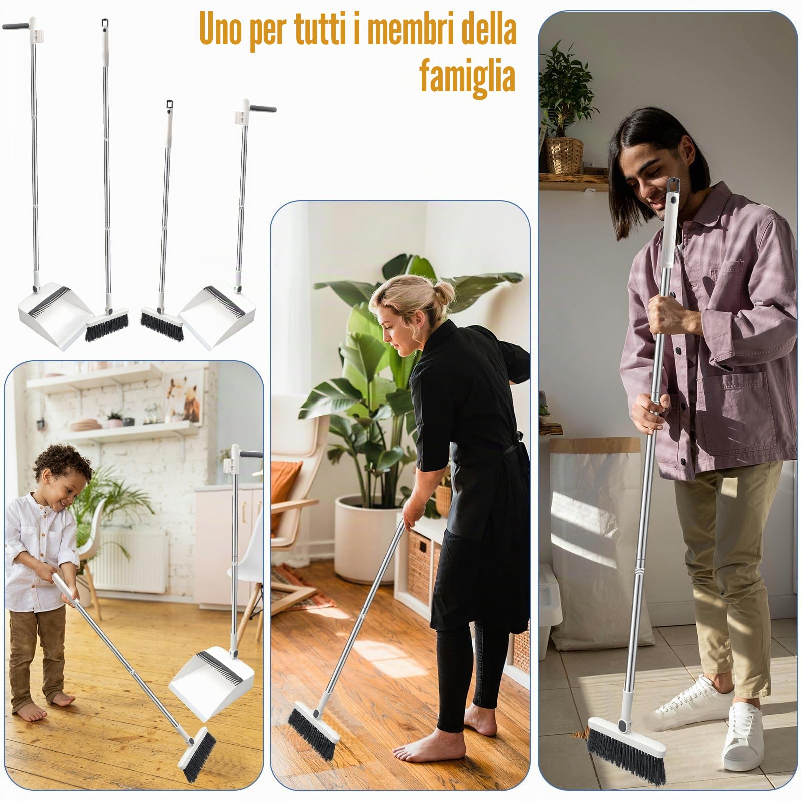 Set paletta-scopa lungo manico versatile spazzatura antivento girevole (bianco)