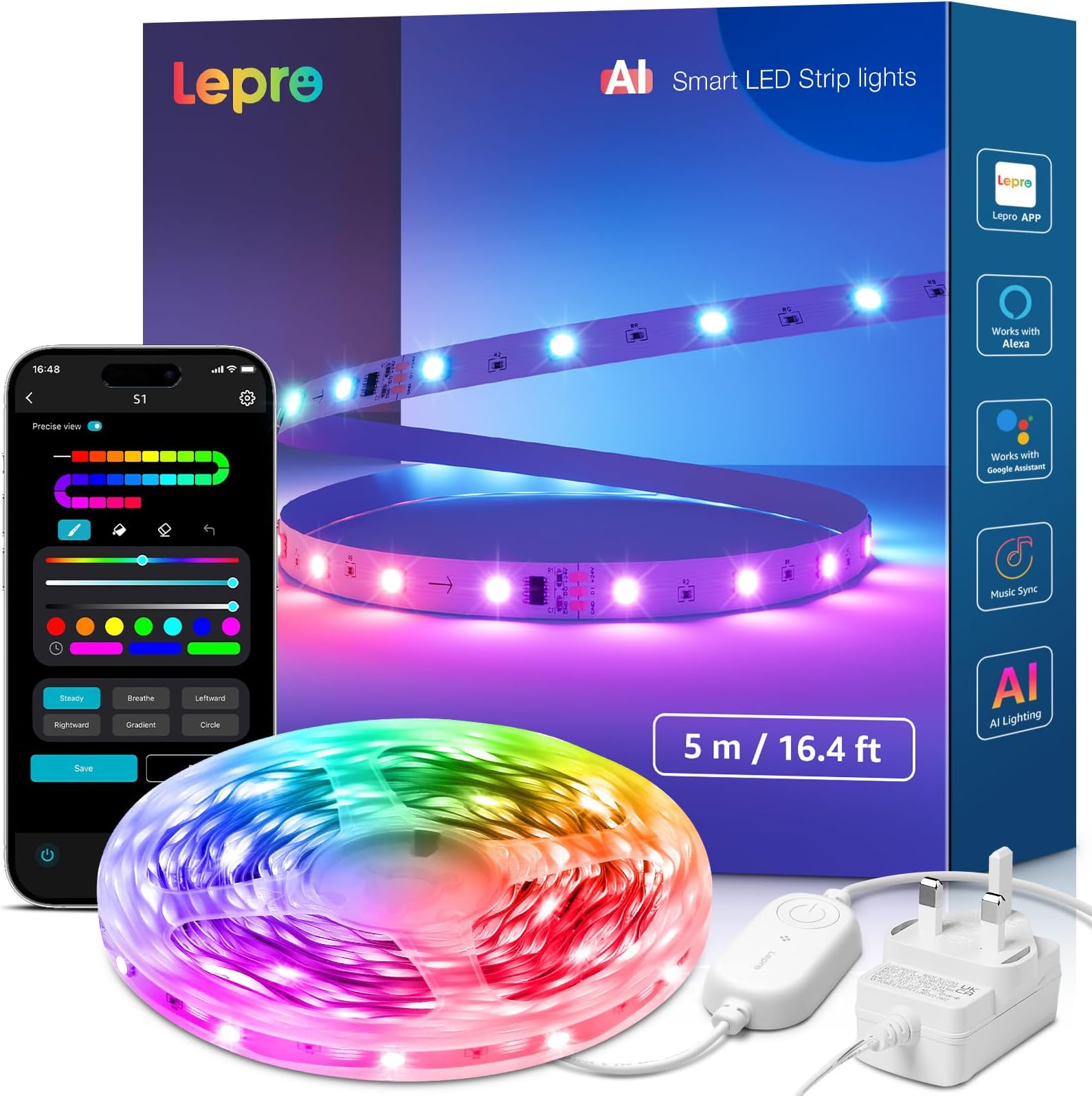 S1 AI Smart Rainbow LED Strip Light 5M, 30 LEDs/M, Music Sync, Works with Alexa & Google Home, WiFi Bluetooth App Voice Control, AI Lighting Design Assistant, MagicColor LED Lights for Bedroom
