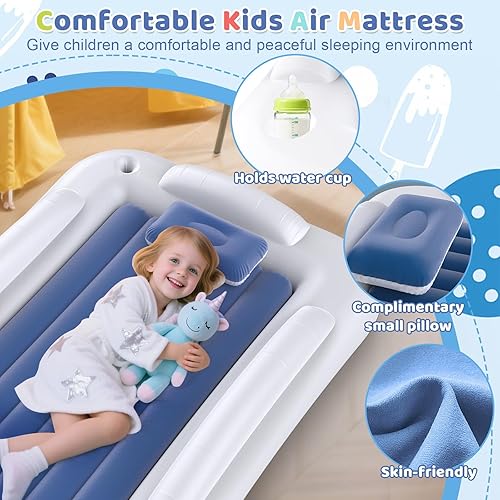 Miniatura 50 de Cama inflable de viaje para niños pequeños, cama portátil de 60 pulgadas para viajes con lados de seguridad, acogedor juego de colchón de aire