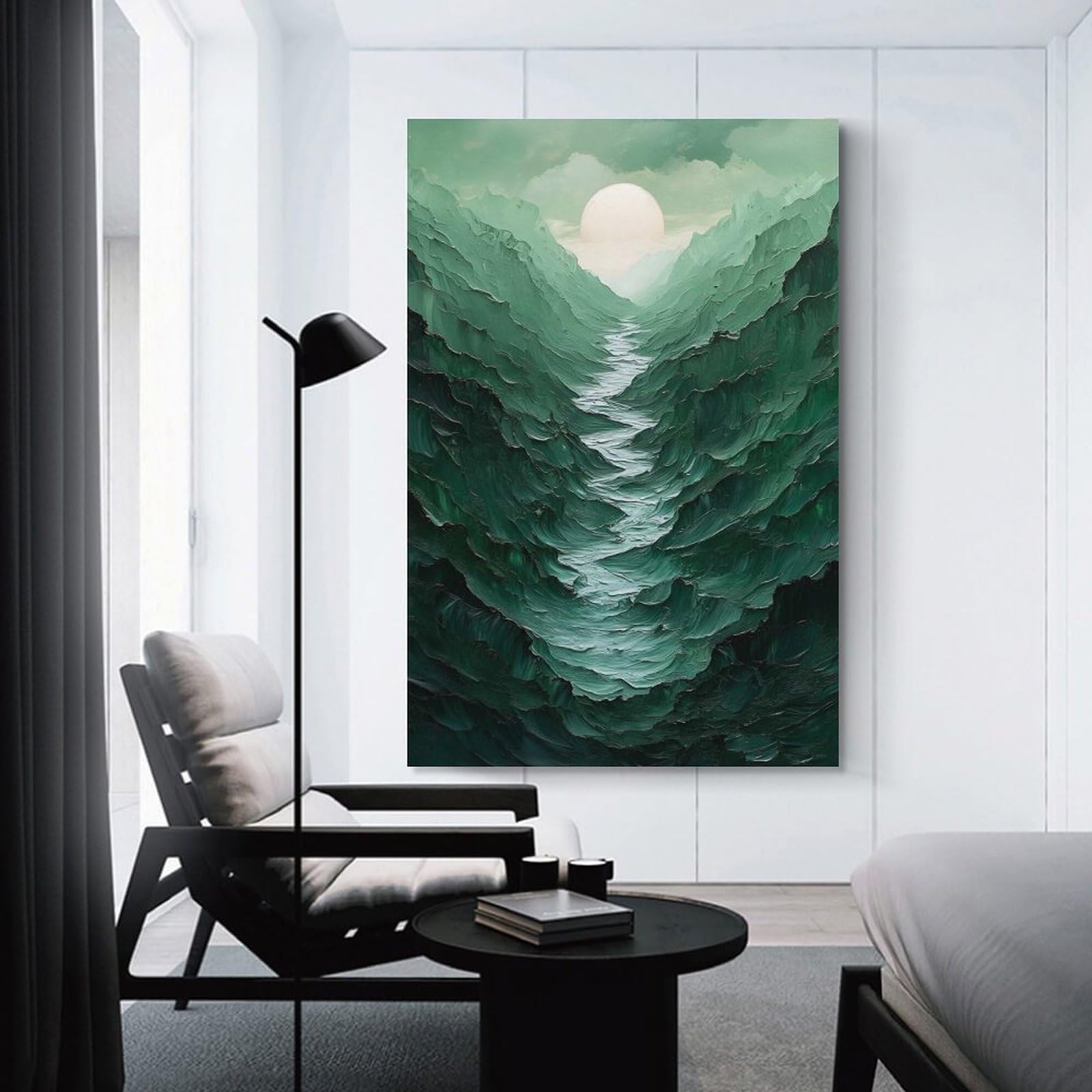 Junmoney Unframe-Style-7 Green Mountain Valley With River And Sun Canvas Wall Picture, 24X36inch(60X90cm), For Study, Office Or Focused Interiors, Home Office Artwork With Decorative Appeal
