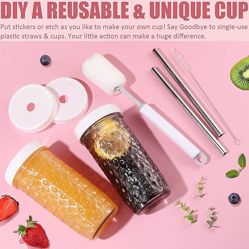 Miniatura 6 de Juego de 2 vasos de vidrio de 24 onzas, vasos con tapas y popotes y 2 tapas herméticas, lindas tazas reutilizables para batidos, tazas de café