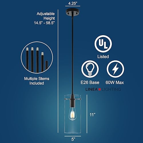 Miniatura 6 de Lámpara colgante de un solo foco Linea di Liara Effimero LL-P315-BLK, negra, con cilindro de vidrio transparente