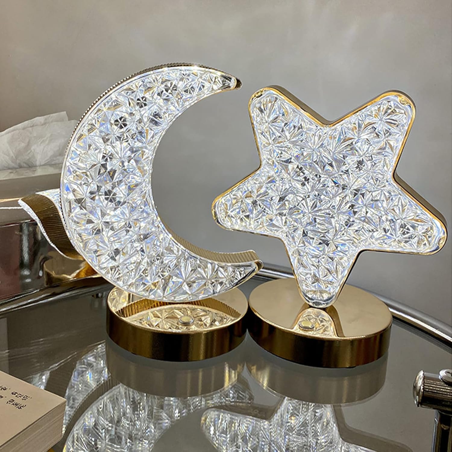Decorative Table Lamp Creative Moon Shape Crystal Night Light USB Powered Acrylic Bedside Lamp for Kids Bedroom Romantic Desktop Nightstand Decor