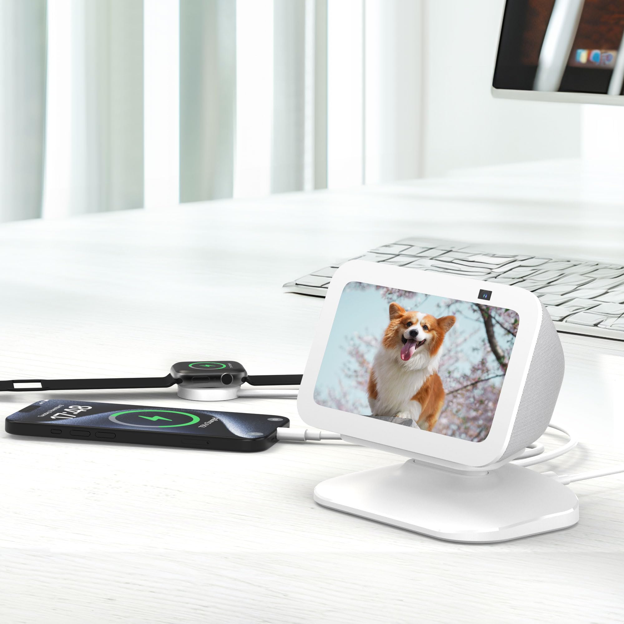 PlusAcc Ständer für Show 5 & Handy mit USB-C/A-Ladeanschluss - Verstellbare Ladeständer Halterung Ladestation Basis kompatibel mit Show 5 3.Gen/iPhone/iPad (Weiß)