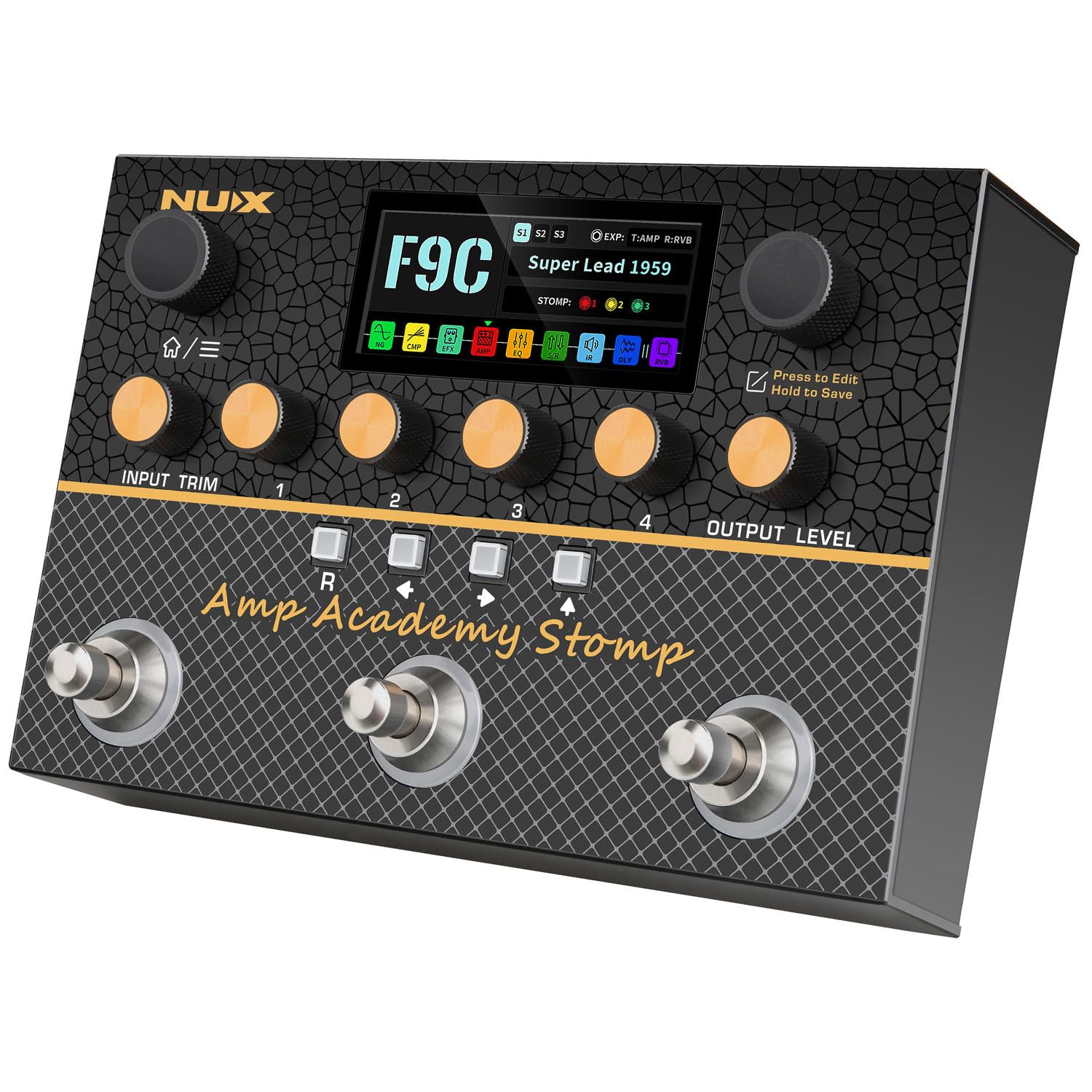 NU-X | Amp Academy Stomp Pedal | Multi-Effekt-Gitarrenpedal mit Verstärkermodellierung, Bluetooth, Looper, USB-Audio-Schnittstelle & anpassbarer Signalkette für E-Gitarren-Übung, Aufnahme