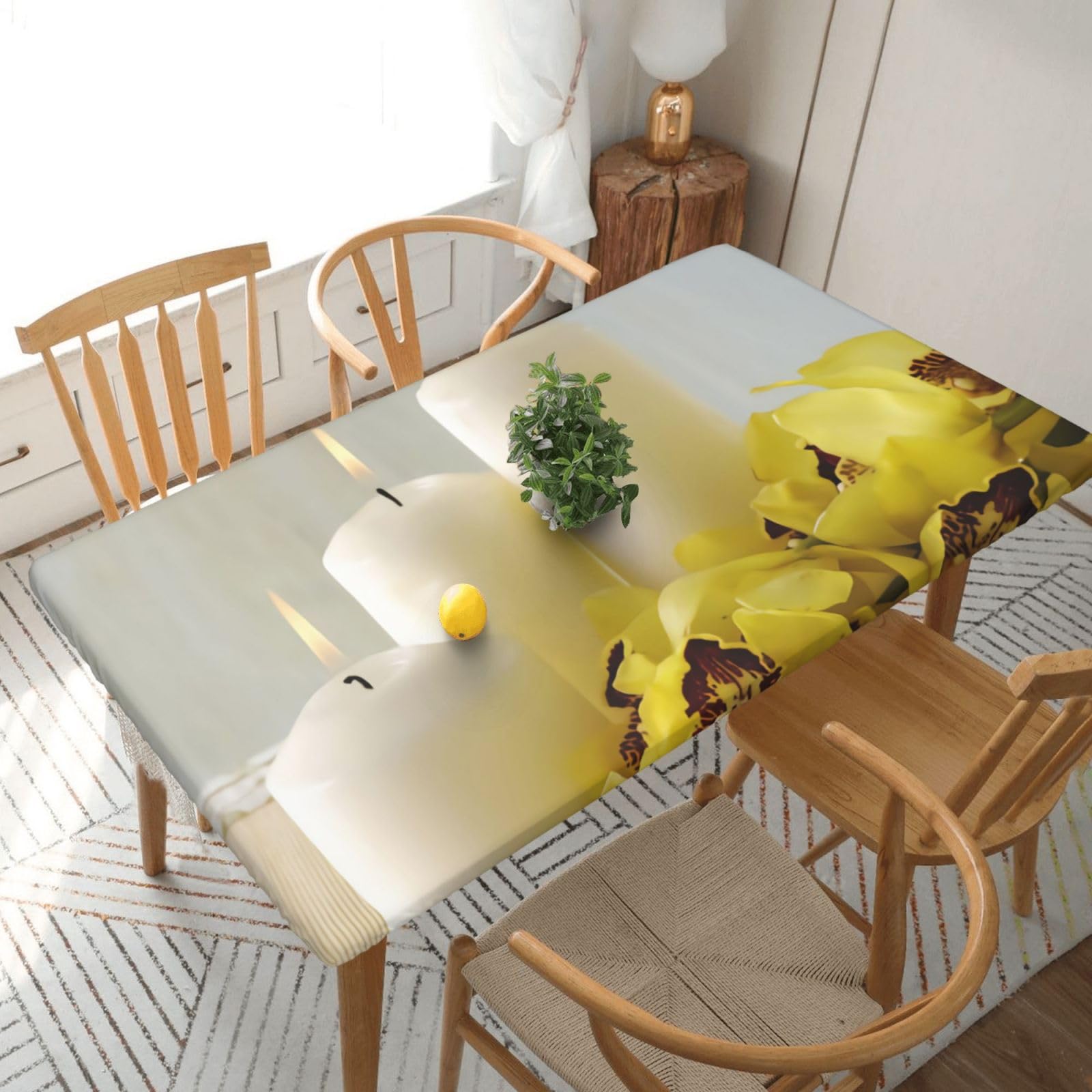 DCEHGEW Elastic Fitted Rectangle Tablecloth for 5ft Tables, Yellow butterfly with White Candles Printed Oilproof & Washable Fabric Picnic Table Cloth Table Covers
