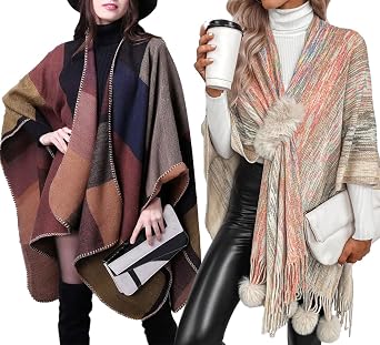 KirGiabo Womens Sweater Poncho Cape Coat Open Front Color Gradient Blanket Shawls and Wraps with Tassels Pompoms