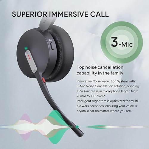 Miniatura 5 de Yealink BH70 - Auriculares Bluetooth inalámbricos mono con micrófono para trabajo, hasta 35 horas de duración de la batería para hablar, cancelación