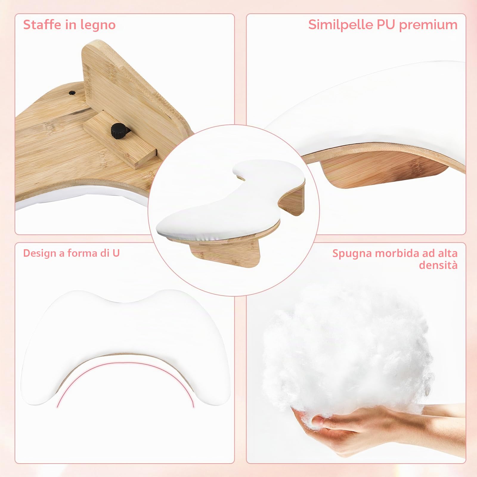 Bracciolo a forma di U per nail tech, bracciolo per unghie con staffe staccabili, in microfibra e pelle PU, cuscino per manicure per nail tech, strumenti indispensabili per manicure (bianco)
