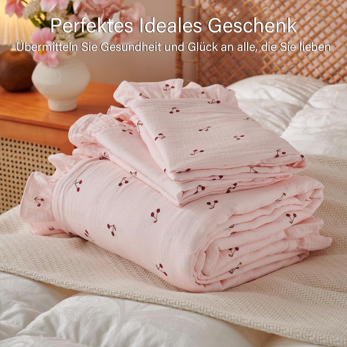 Sedefen Musselin Bettwäsche 220x240 Baumwolle Rosa Kirsche Mädchen Bettwäsche-Set mit Rüschen ÖKO-TEX Bettwäsche Musselin mit Reißverschluss, Bettbezug mit 2 Kissenbezüge 80x80 cm