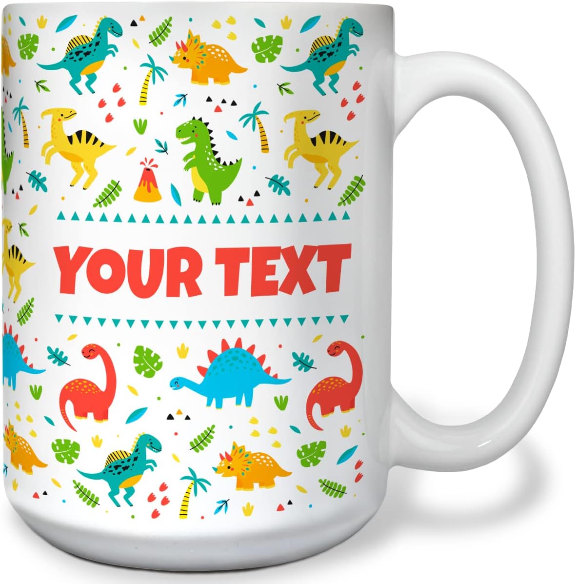 Personalized Mug for Kids - Dinosaurs - Custom Name/Text, Ceramic Hot Chocolate/Cocoa/Coffee Cup for Boys/Girls, Birthday/Christmas/Holiday Gift - 15 oz, Light Blue Handle