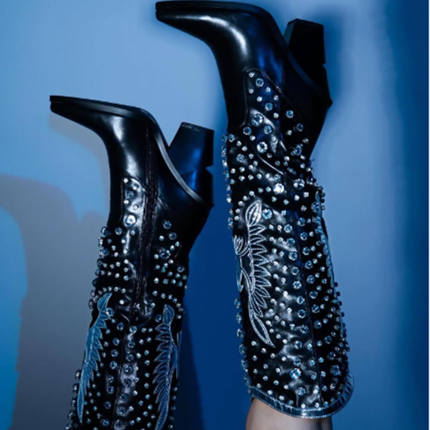 Women's Rhinestone Cowboy Boots With Women Eagle Embroidered Cowgirl Boots Pointed Toe Chunky Heel Western Knee High boots