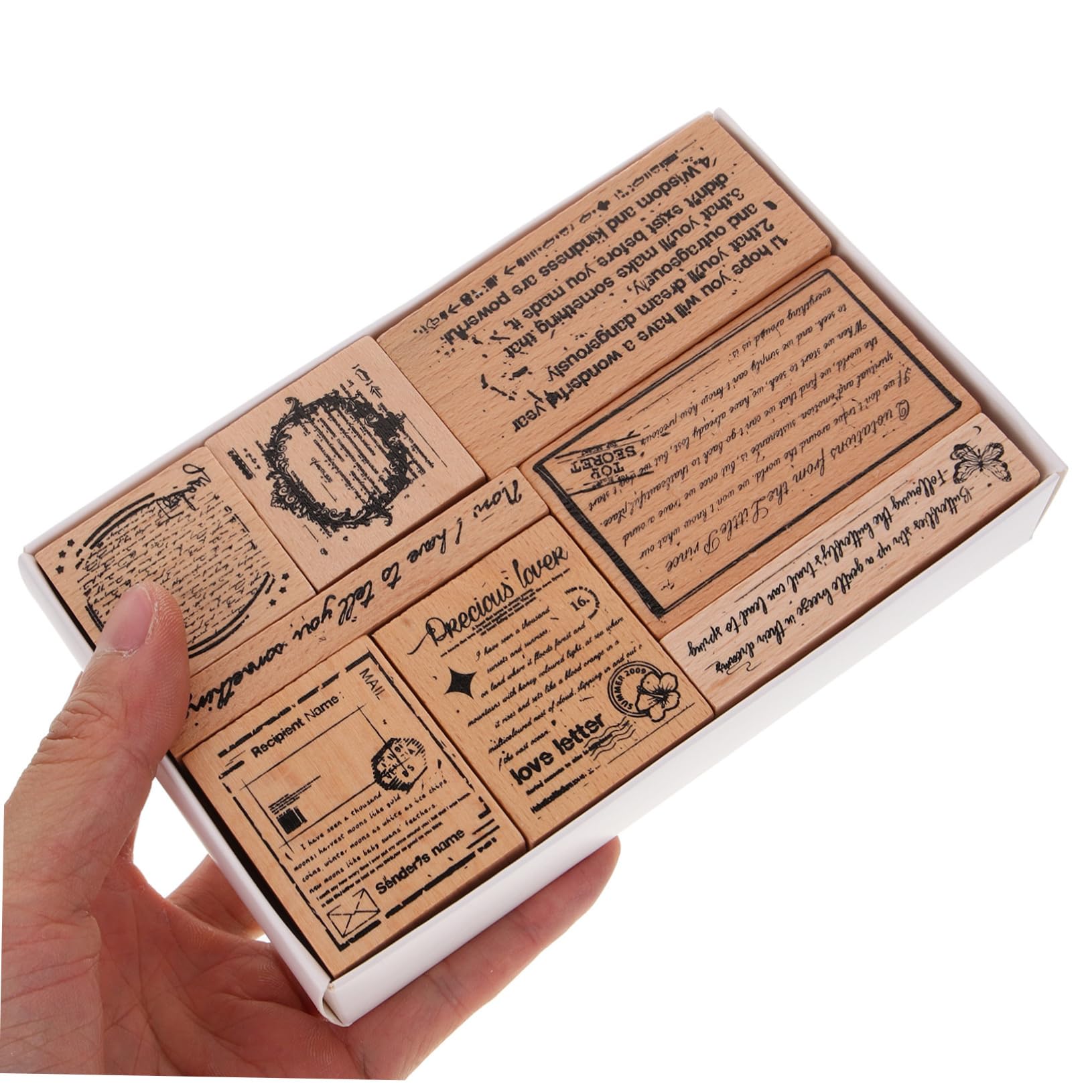 5 Set Sigillo Di Legno Kit Strumento Per Album Chiaro Libro Di Scarto Etichetta Diario Spazzatura Impressioni Timbri Numerici Lettera Forniture Di Giornale Film 8 Pezzi * 5 NUOBESTY
