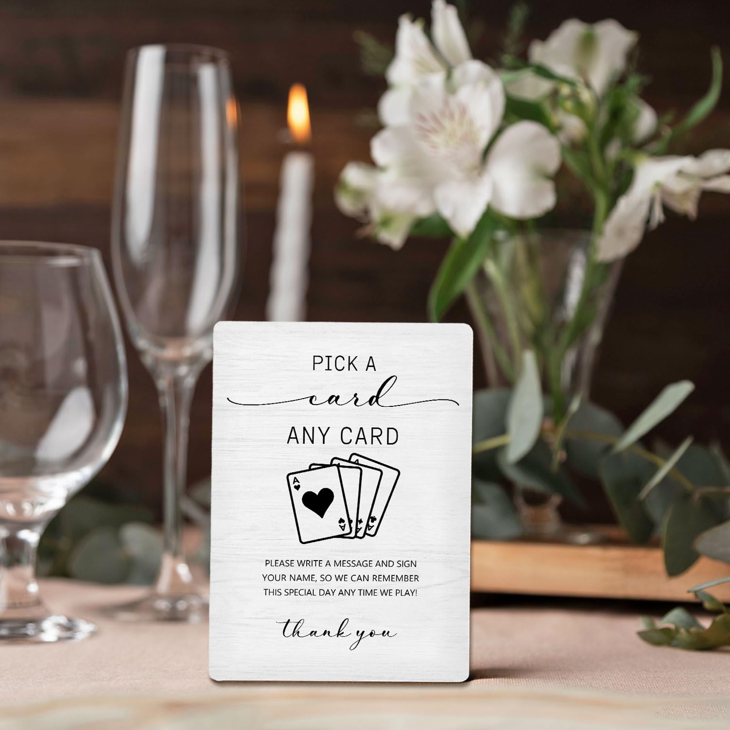 Tabliczka z napisem "Pick a Card", księga gości weselnych, drewniany stojak 13 x 18 cm, dekoracja stołu na ceremonię i przyjęcie (biały 01, 13 x 18 cm)