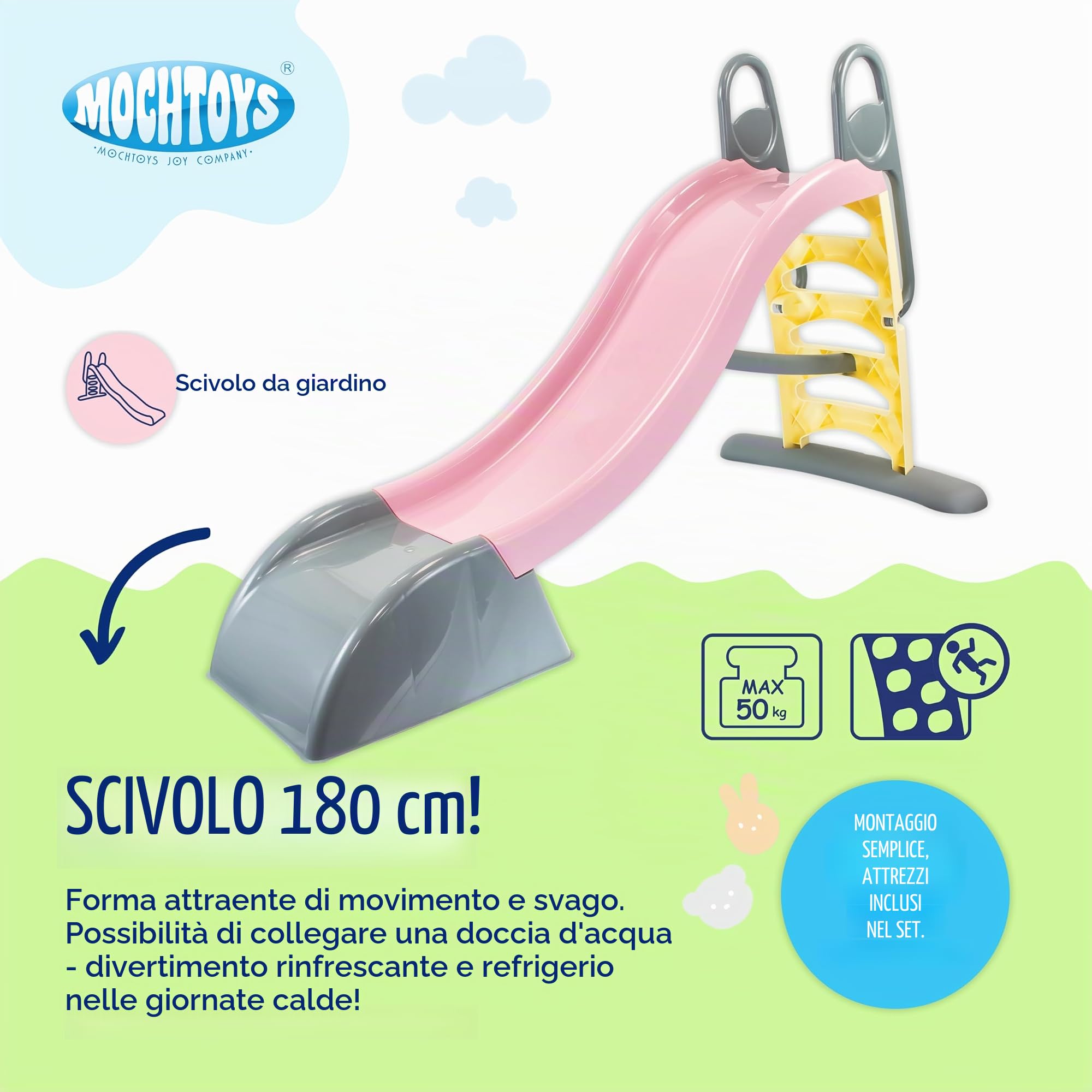 Mochtoys Scivolo per bambini, lunghezza 180 cm, per interni ed esterni, resistente ai raggi UV, grande scivolo per bambini, collegamento all'acqua, scivolo, rosa/grigio
