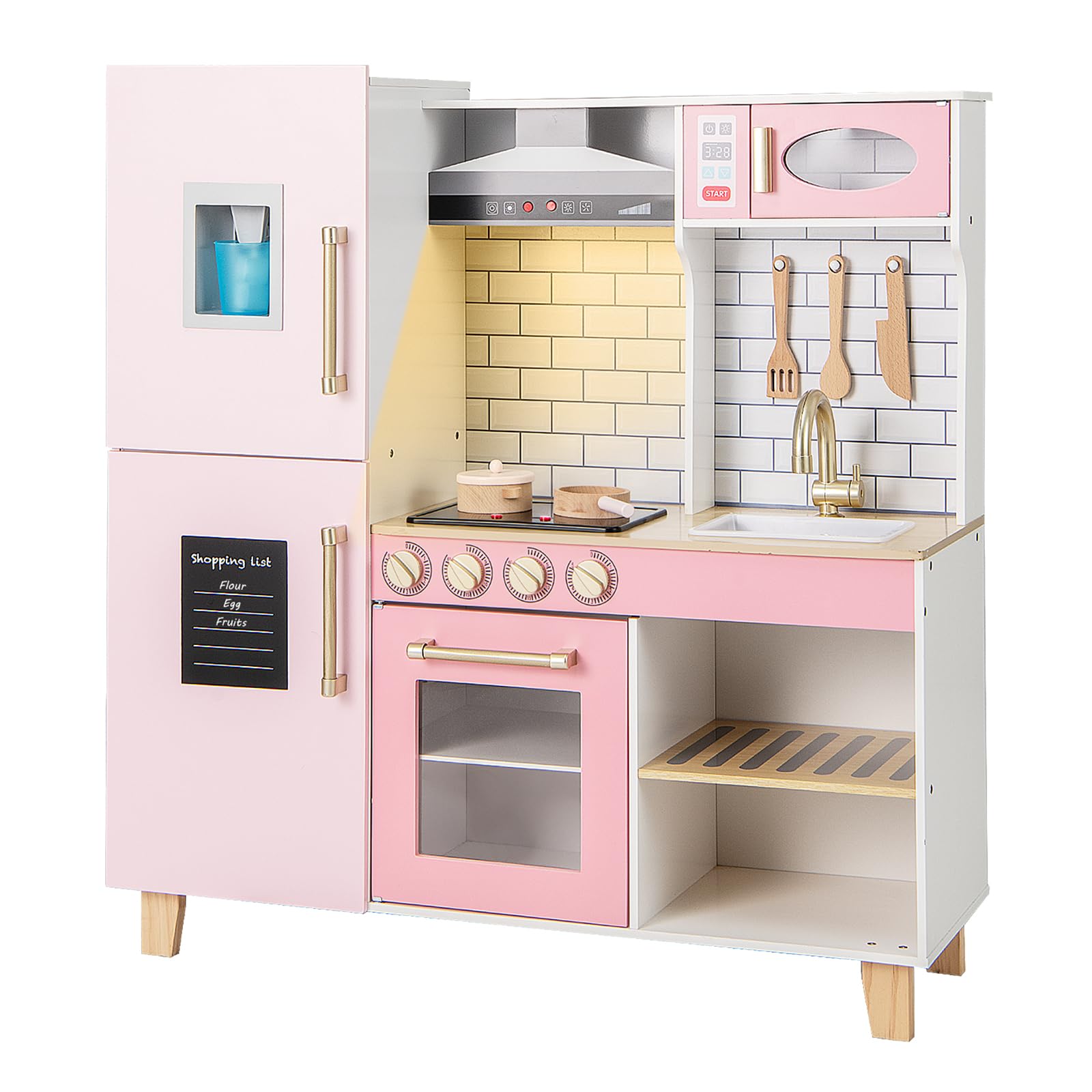RELAX4LIFE Cucina Giocattolo per Bambini, Mini Cucina in Legno con Luci e Suoni Reali, Utensili da Cucina, Set Giocattoli per Bambini 3+ Anni, 30 x 92 x 98 cm (Rosa)