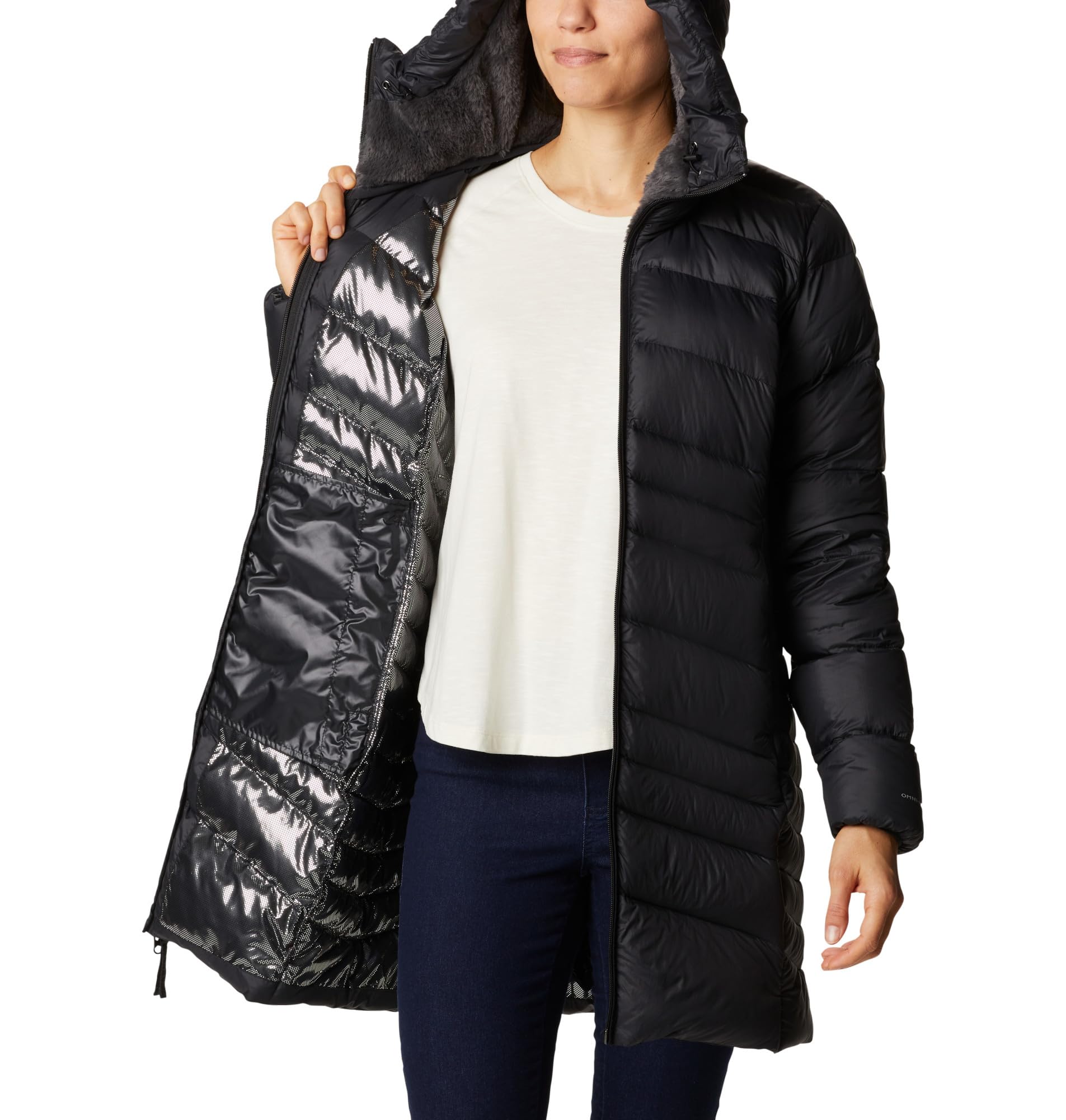Piumino Medio Lungo Columbia Autumn Park Da Donna – Calore Omni-Heat, Piuma 650 Cuin, Cappuccio Regolabile, Nero Taglia XS