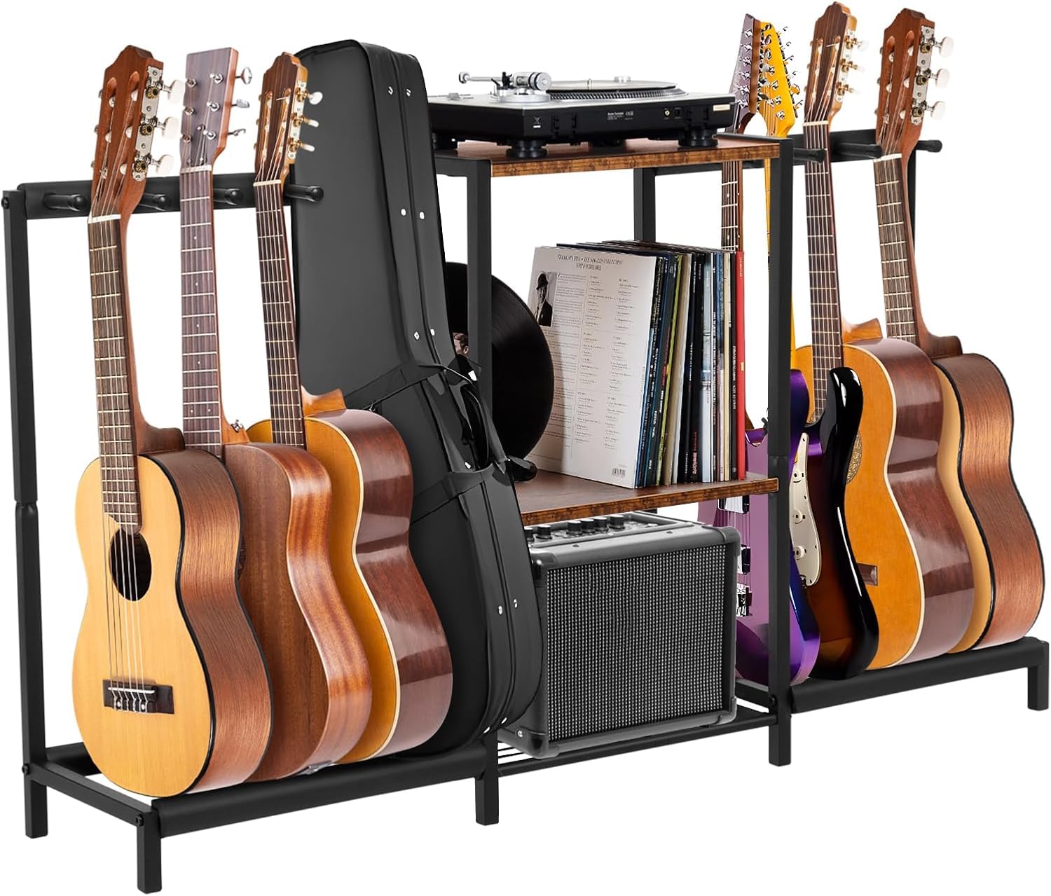 MYOYAY Supporto per chitarra con vano portaoggetti, supporto per chitarra multiplo con 3 piani, supporto per chitarra in legno con giradischi per studio di casa, sala musicale
