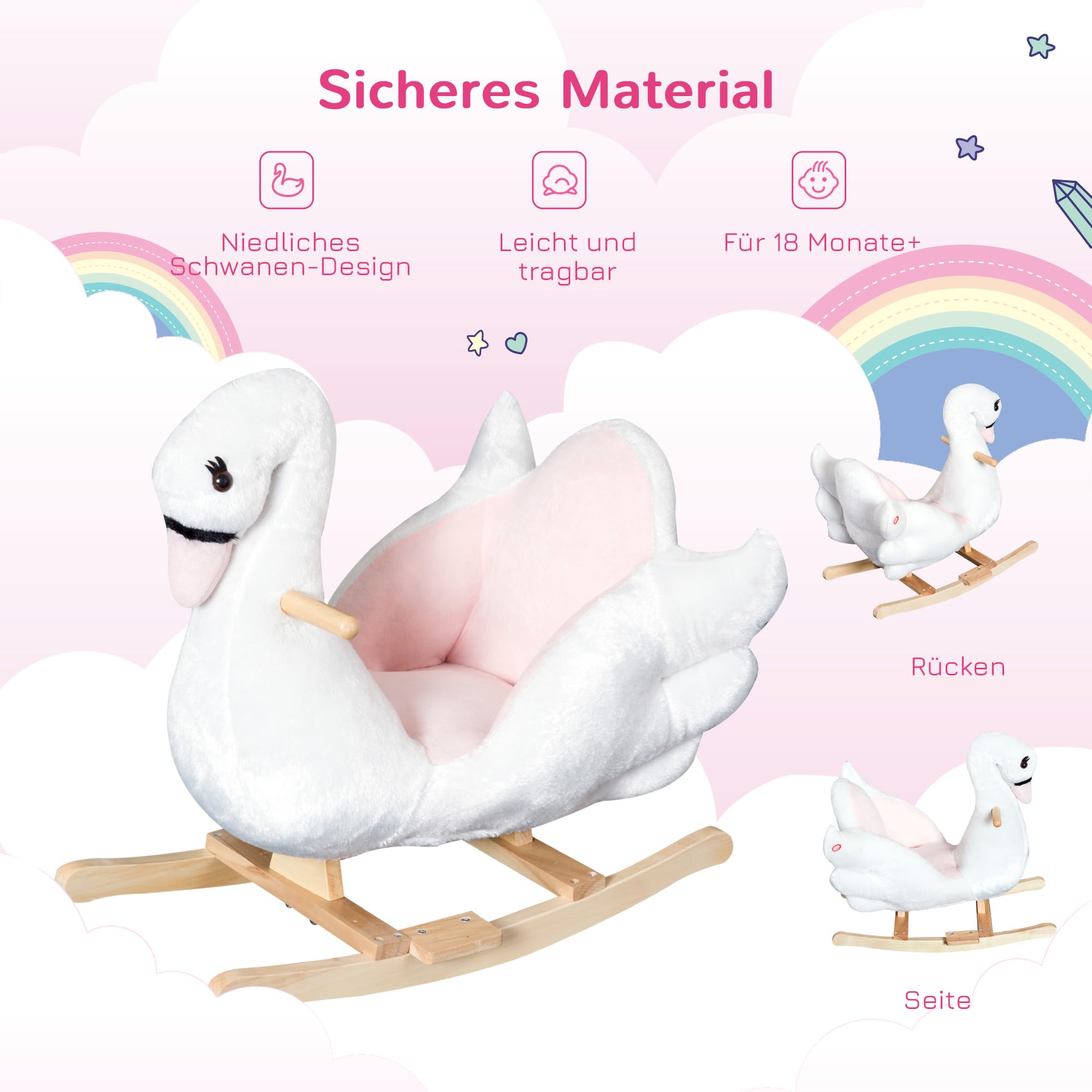 HOMCOM Schaukeltier Schaukelpferd mit Musik, 57 cm Baby Schaukel aus weichem Plüsch Schaukelspielzeug Spielzeug Wippe für Baby Kinder Kleinkinder ab 18 Monate Holz