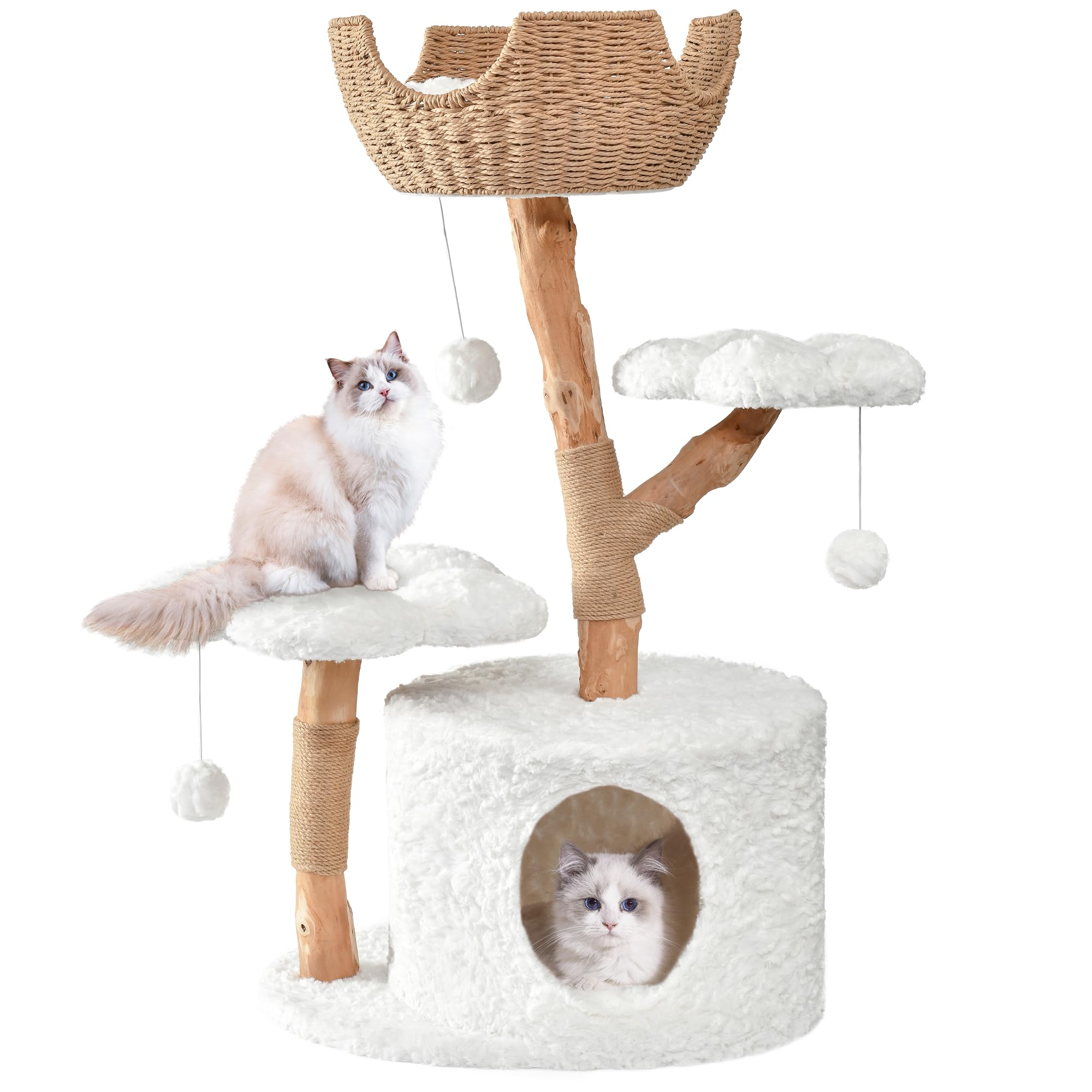 Easyego Modern Cat Tree, Aesthetic Wood Cat Tree Tower for Large Cats, Luxury Cat Condo with Scratching Posts and Flower Platforms, Cat Furniture by Easyego, (Rabbit Hair - White)