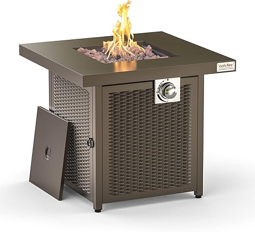 Miniatura 9 de Mesa de fuego de propano, mesa para fogata al aire libre con tapa y roca de lava, chimenea grande de 28 pulgadas con encendido automático 50000 BTU,