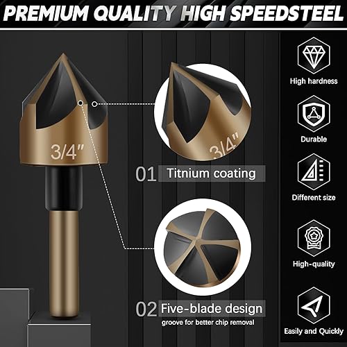 Miniatura 4 de Juego de 5 brocas escalonadas y 5 taladros avellanados, 1 punzón central, 13 piezas de brocas de cobalto, kit de acero de alta velocidad M35 para