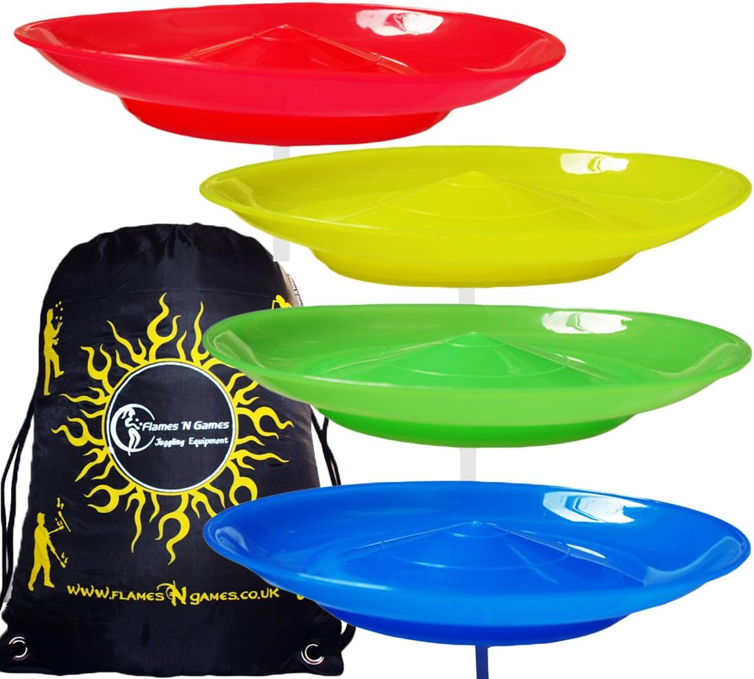 4x Spinning Plate Set (Yellow/Red/Green/Blue) CLASSIC Circus Spinning Plates + 2-Piece Plastic Sticks + Flames N Games Travel Bag! Great fun for Kids & Adults.