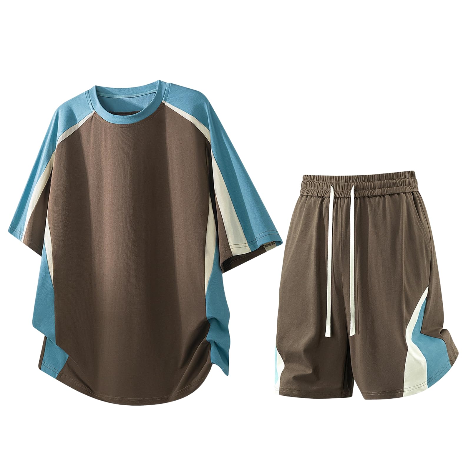 Męski dres do joggingu, z okrągłym dekoltem, patchwork, patchwork, casual, z krótkim rękawem