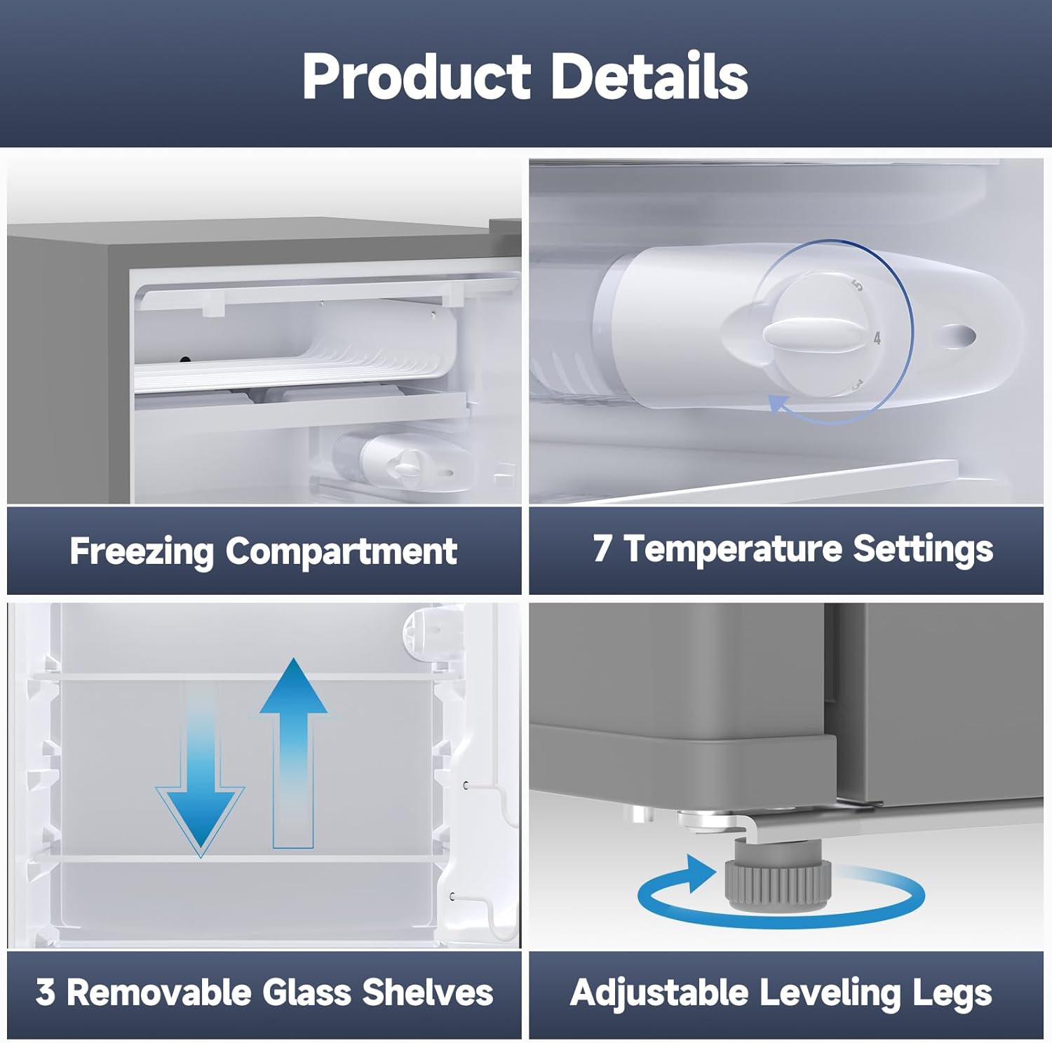 Jojoka 4.3 Cu.Ft Mini Fridge with Freezer, Compact Single Door Mini Refrigerator with 7-Setting Temperature Control, Removable Shelves & Crisper Drawer for Bedroom, Office, Dorm, RV