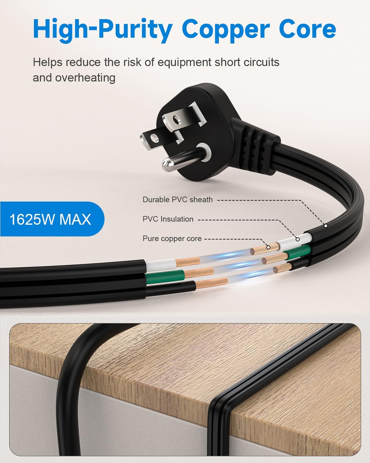 Flat Plug Short Extension Cord 1Ft Low Profile Adapter 3 Prong Indoor Small Grounded Power Cable Outlet Saver 16AWG 13A 1625W Black 6 Pack
