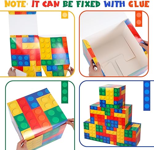 Miniatura 4 de Outus 6 cajas de fiesta de bloques de construcción de 11.8 x 11.8 pulgadas, caja estilo bloque de construcción, temática de bloques de construcción,