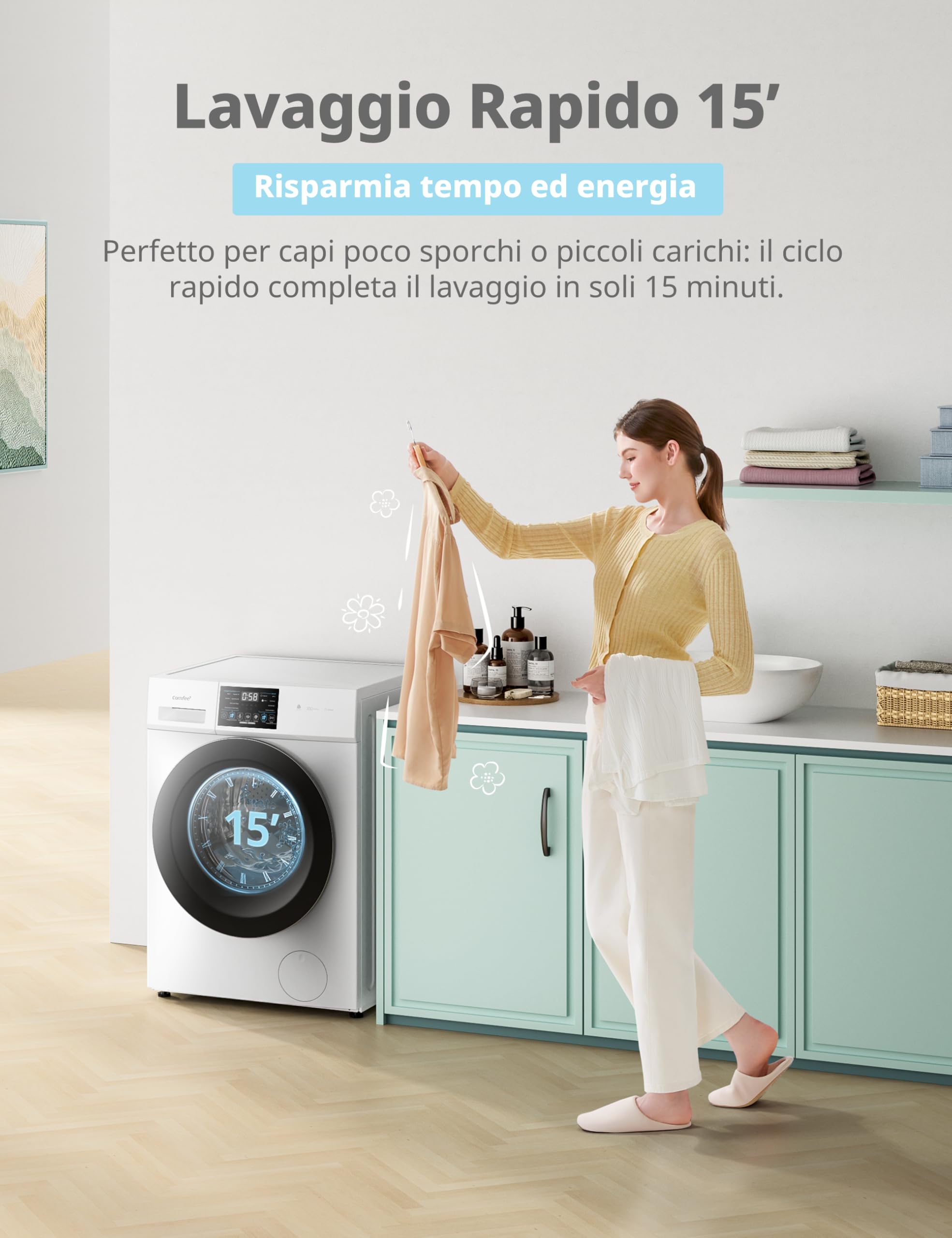 COMFEE' Lavatrice Carica Frontale 8 kg, Classe A-10%, 1400 Giri, Vapore Igienico, Motore Inverter Silenzioso, Lavaggio Rapido, Pannello touch, Wool, Bianco - CFP03EW80W-IT