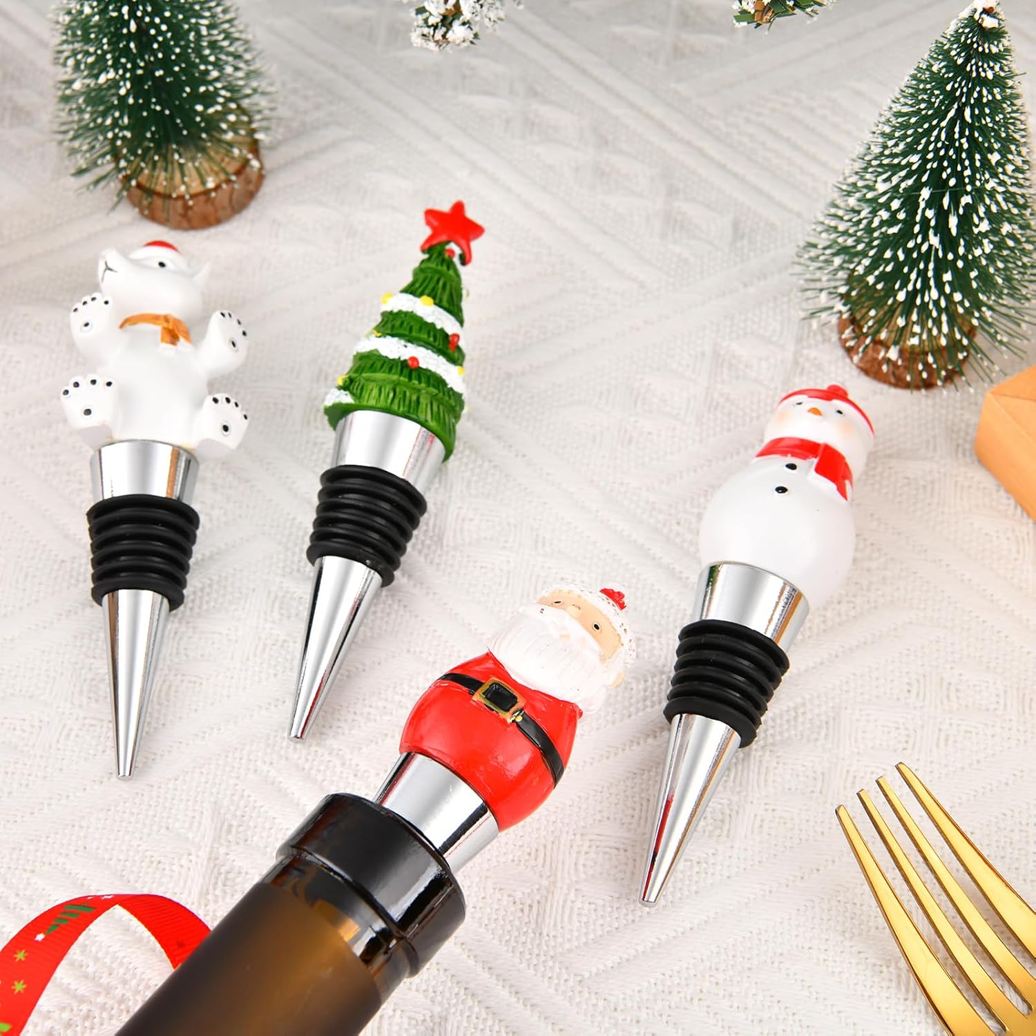 Set of 4 Resin Wine Bottle Stoppers for Christmas Holiday Decoration, Handmade Wine Stoppers for Xmas, Wine Gift for Hostess Cute Wine and Beverage Corker Bottle Sealers