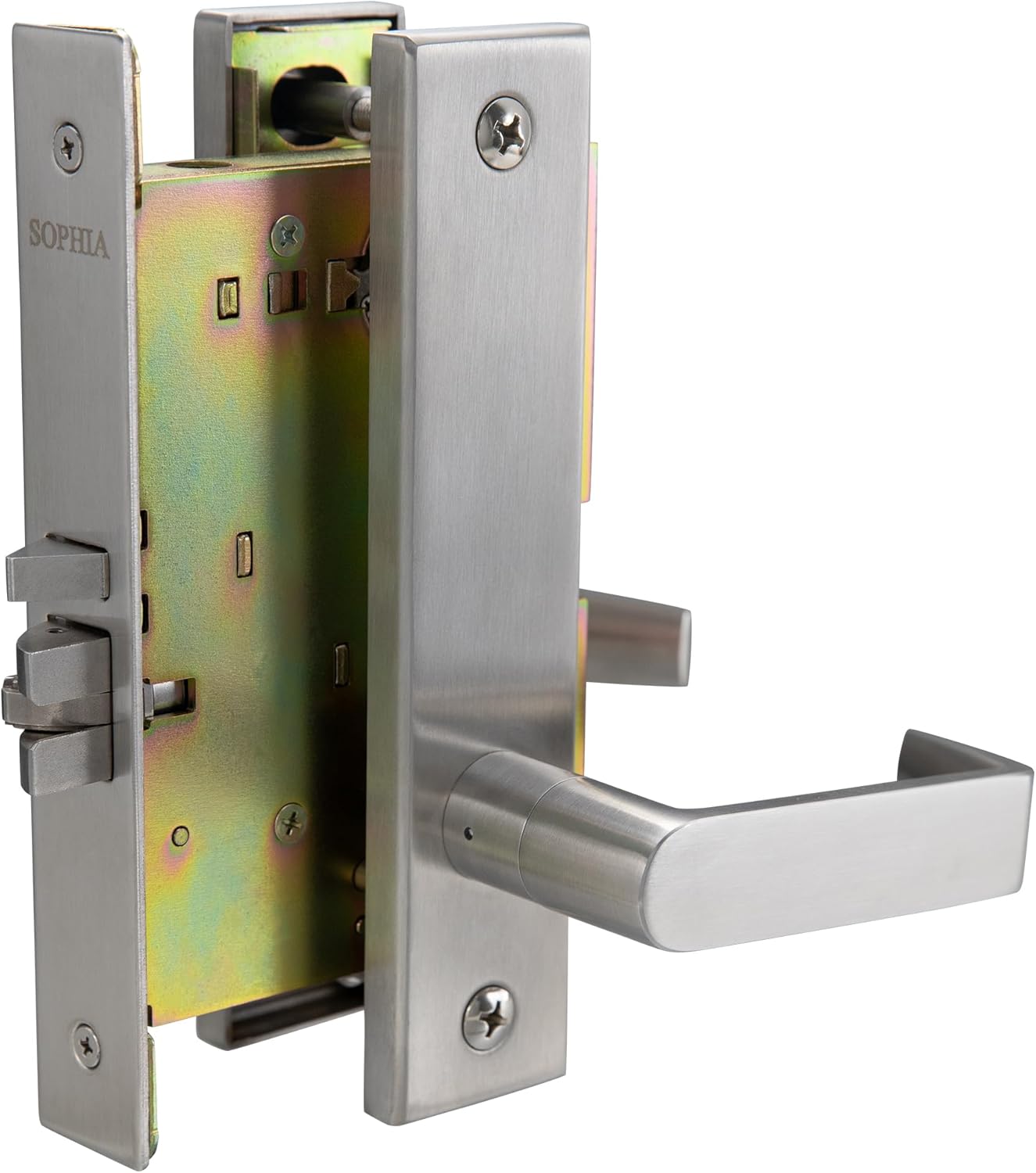 SOPHIA Commercial Heavy Duty Mortise Lockset Door Lever Lock Non-Handed Grade 1 Door Handle - Escutcheon Plate Keyed Lever Lockset, ADA, US32D Satin Chrome Finish for Storeroom Door