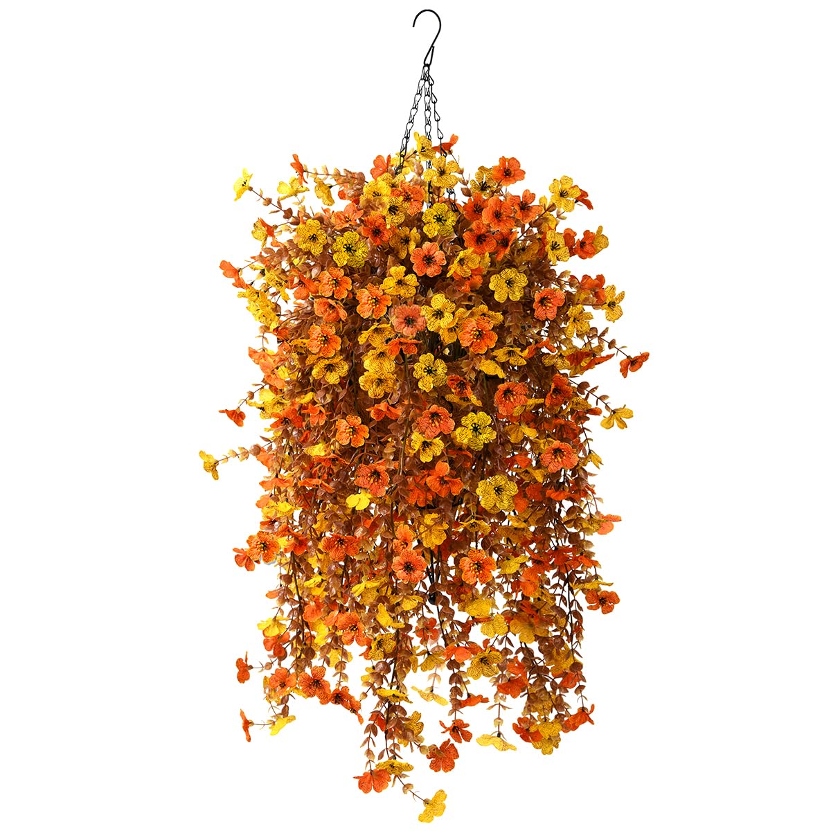 Fall Artificial Fake Mums Hanging Flowers Plants Basket for Outdoor Autumn Decoration, Fake Silk Orange Planters UV Resistant Look Real for Home Patio Balcony Yard Porch Decor(Yellow Orange)