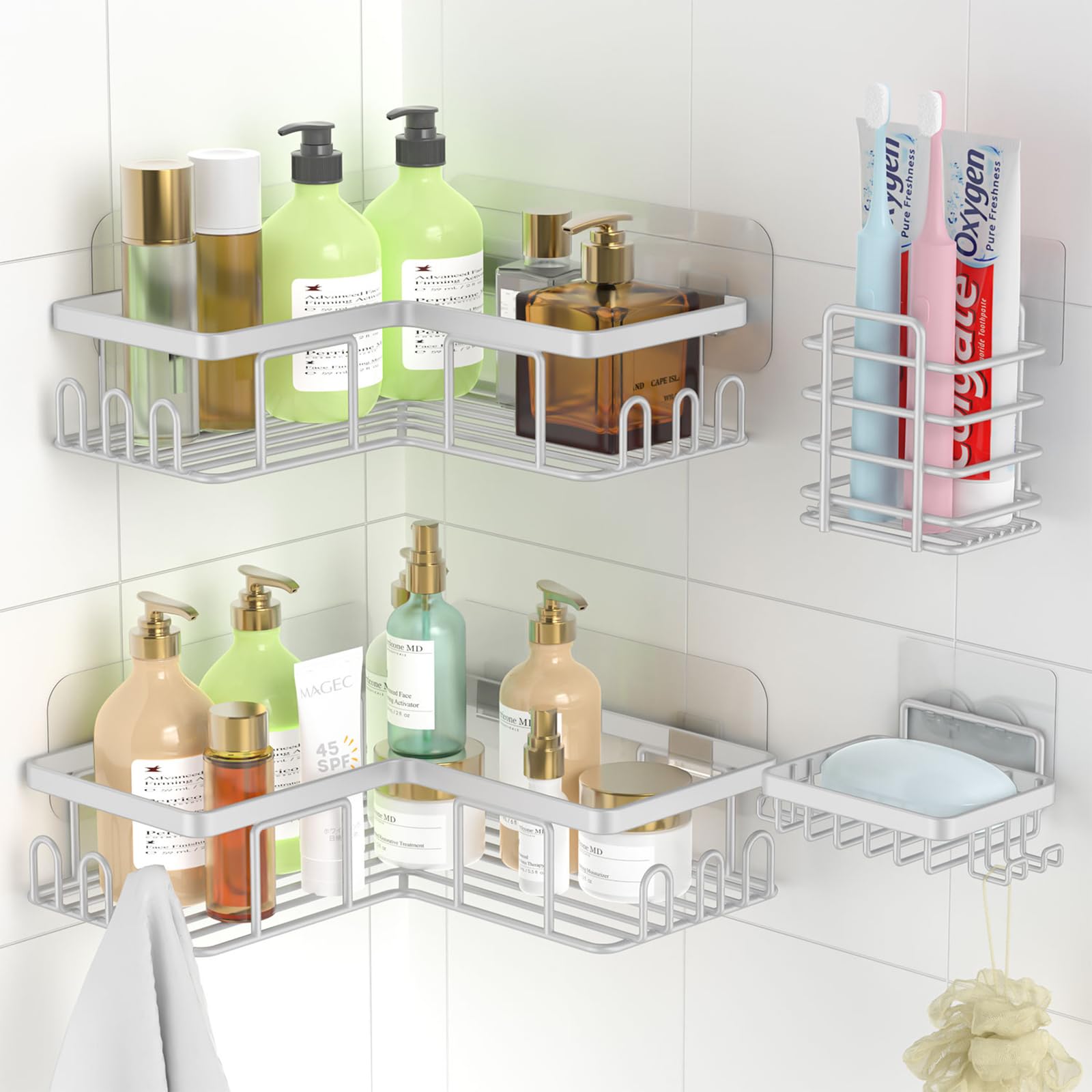 Shower Caddy, 4-Pack Corner Shelf Storage Shelves, Stainless Steel Self Adhesive Bathroom Shower Shelf Washroom Organizers, Bathroom Storage Shelves with soap dish holder
