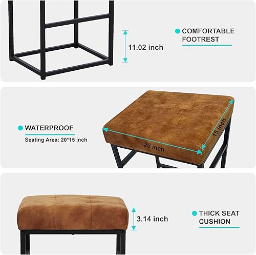 Miniatura 8 de GIA Taburete cuadrado de metal sin respaldo de 30 pulgadas con cojín de terciopelo marrón, negro, juego de 4