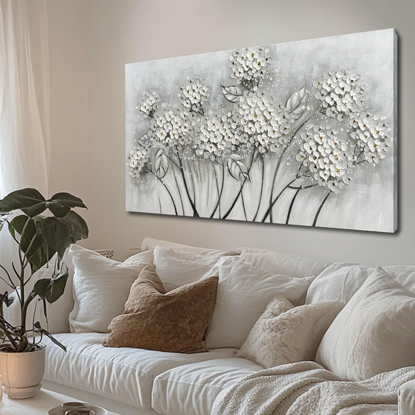 White Flower Wall Art- Canvas Print Art- Botanical Pictures for Bedroom - Hand Painted Wall Decor - Floral Painting Home Decorations with Framed 20x40 Inch