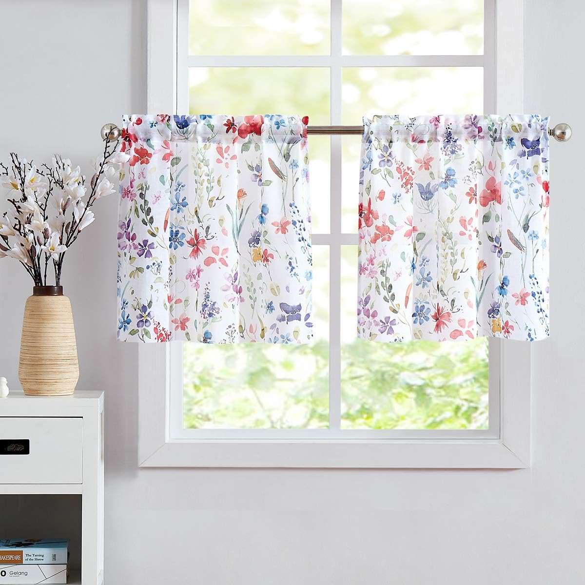 Fragrantex Floral Print Kitchen Curtains 24 inch Length,Multi-Color Tier Curtain Set Basement Window Curtains Semi-Sheer Short Curtains for Bathroom,28" W x 24" L,2 Panels Rod Pocket