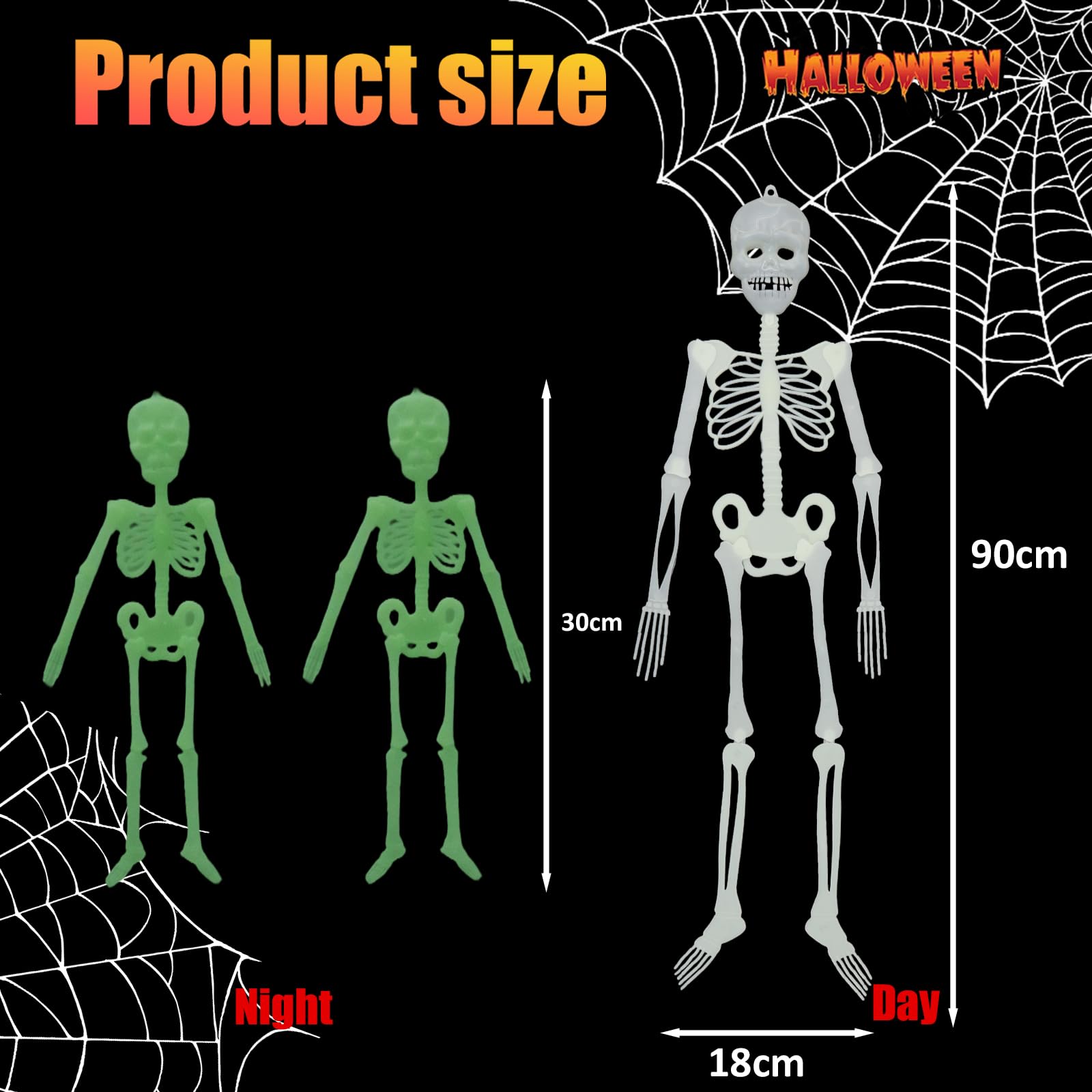 3 sztuki dekoracja na Halloween, świecący szkielet, realistyczne ludzkie szkielety, 3D, straszna dekoracja na Halloween, do ogrodu, straszna impreza tematyczna w pomieszczeniach