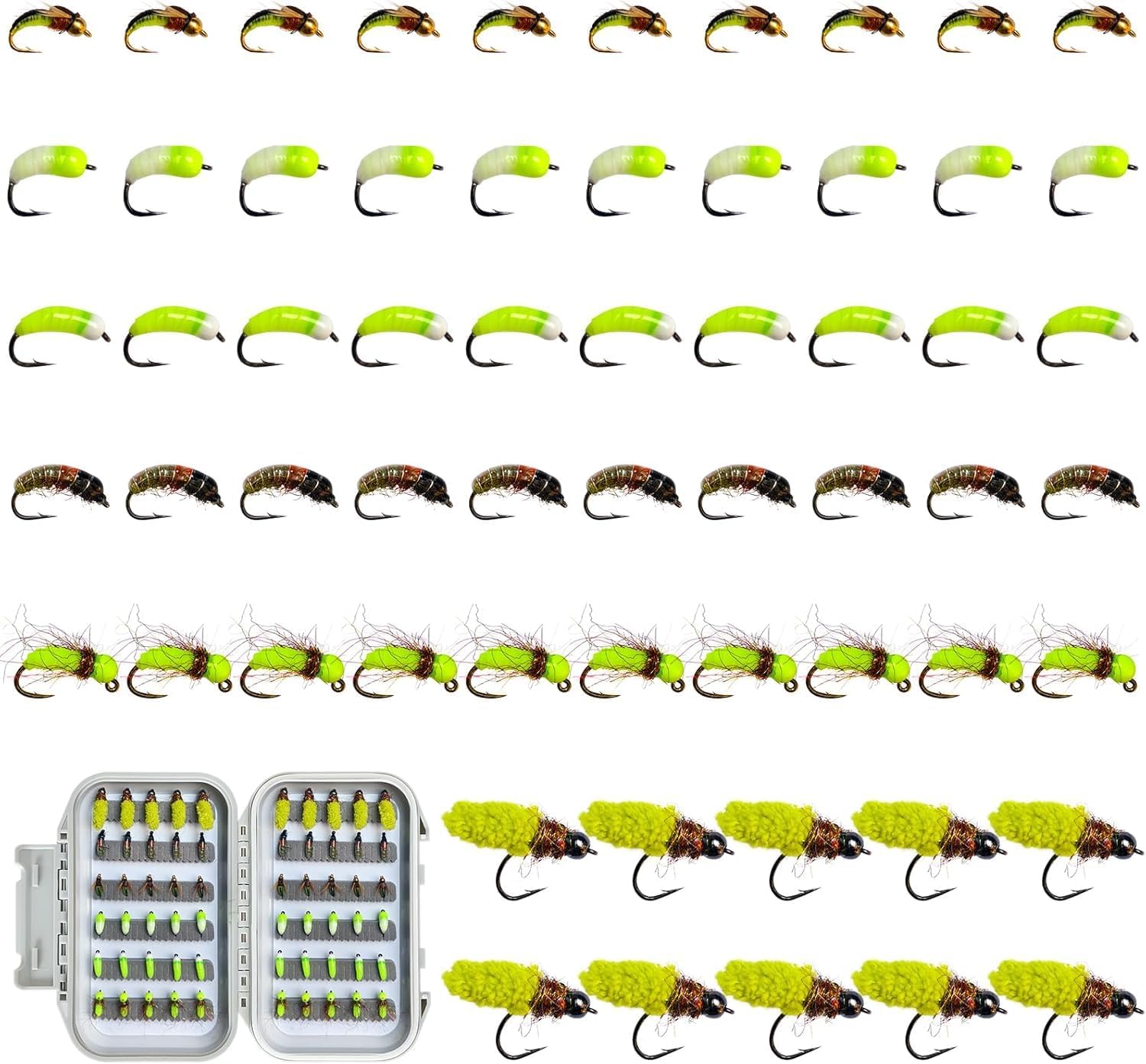 Fly Fishing Nymph Flies Assortment 58/60PCS for Trout, Wet Flies with San Juan Worm Zebra Midge Caddis Scud, Barbless Hooks, Clear Lid Fly Box
