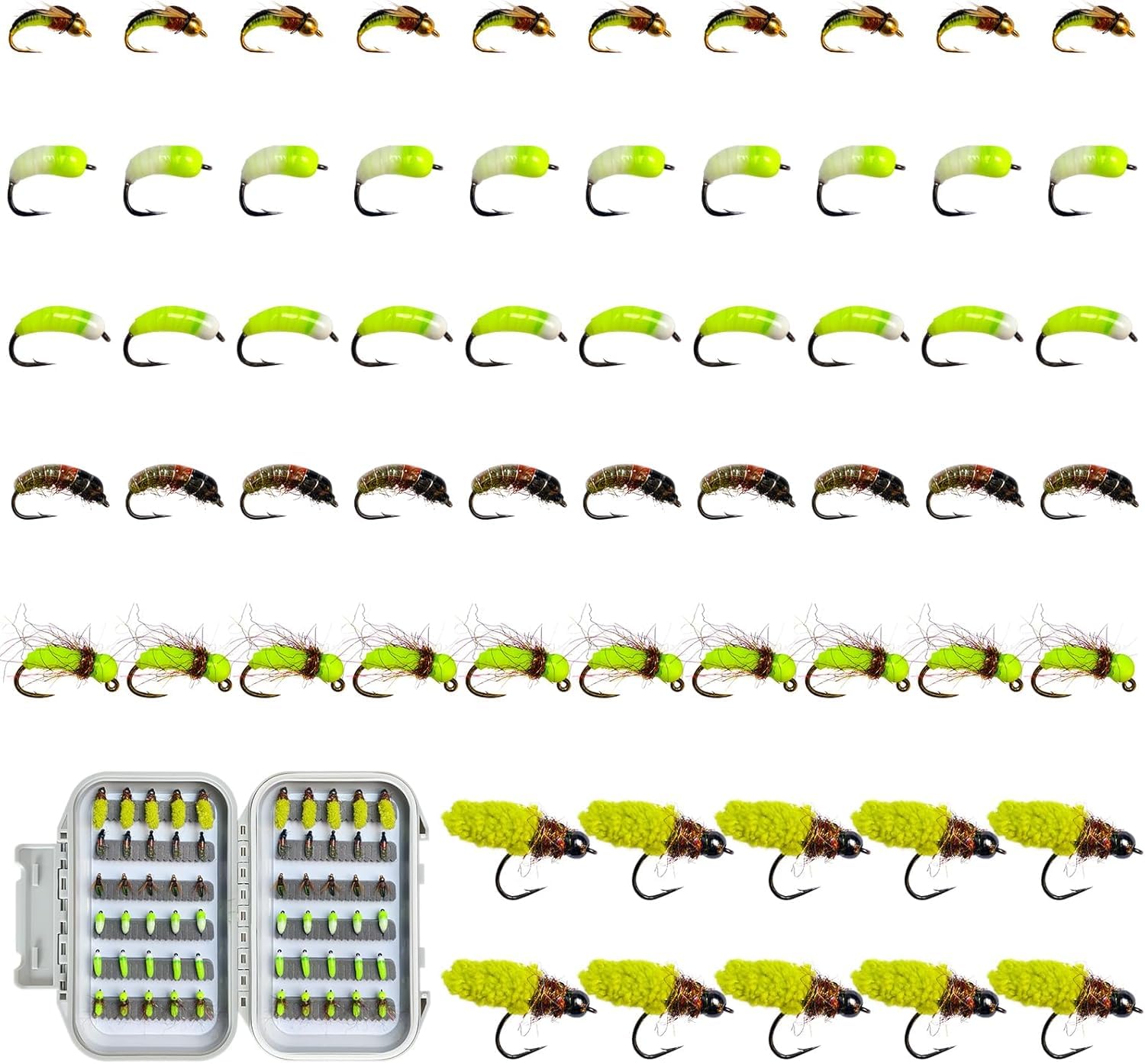 Fly Fishing Nymph Flies Assortment 58/60pcs Trout Fishing Flies with San Juan Worm, Zebra Midge, Caddis, Scud, Freshwater Barbless & Barbed Hooks for Spring & April Trout Opener