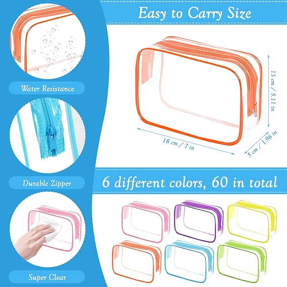 60 Pcs Clear Makeup Bags Bulk, PVC Toiletry Bags, Waterproof, 6 Colors