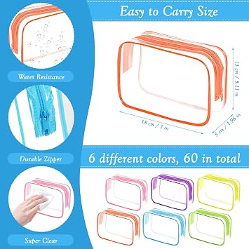 60 Pcs Clear Makeup Bags Bulk, PVC Toiletry Bags, Waterproof, 6 Colors
