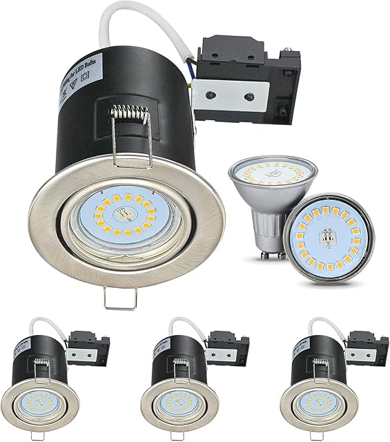 Unikcst 4X Tilt Dimmable Fire Rated LED Downlights 240V Spot Lights GU10 Recessed Ceiling Lights Brushed Chrome for Kitchen Living Room Lounge - Incl.5 W Cool White Bulbs