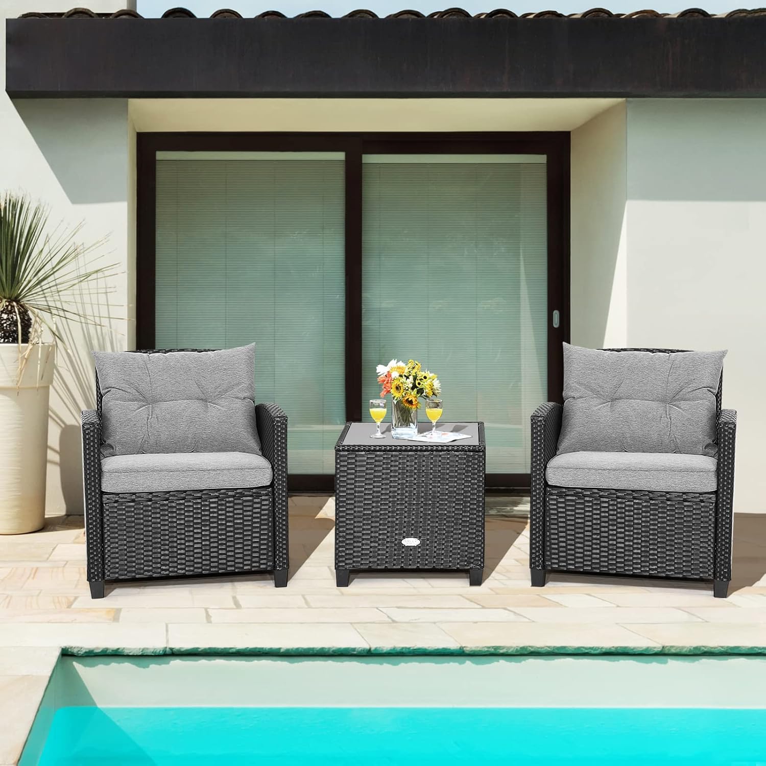 Costway 3 Piece Outdoor Wicker Sofa Set, Patio Rattan Conversation Set, Sturdy Tempered Glass Tabletop, Heavy-Duty Steel Structure, Weatherproof Wicker Set for Poolside, Backyard (Grey)
