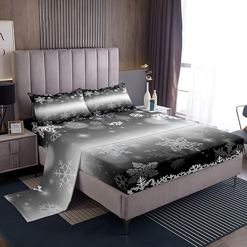 Miniatura 1 de Erosebridal Juego de sábanas bajeras de Navidad tamaño Queen, diseño de copos de nieve, color negro, gris, degradado, para niños y niñas, juego de