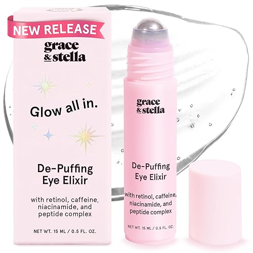 grace & stella Under Eye Brightener Roller - Airplane Travel Essentials - Travel Size Toiletries - Retinol & Caffeine Eye Serum for Puffiness, Dark Circles, Wrinkles - Vegan Skincare (15ml / 0.51floz) - Eye Roller (15ml / 0.5Fl oz)